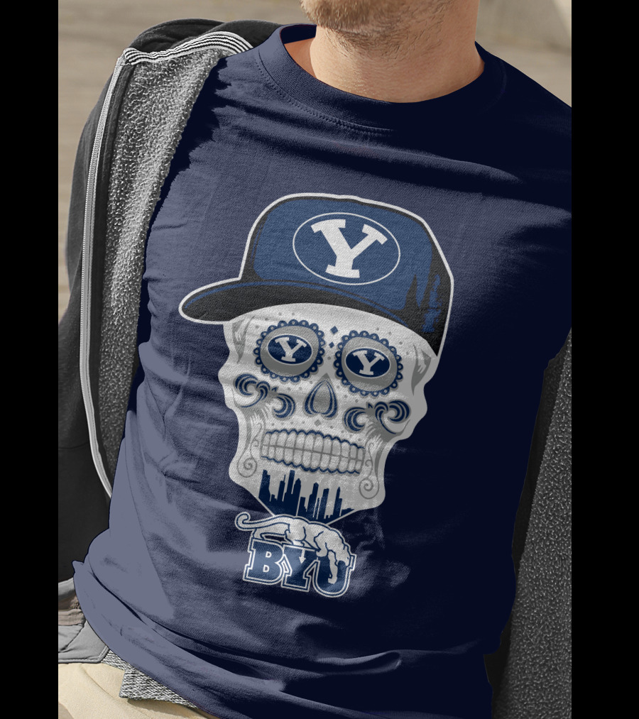 Byu Cougars Skull With Y Hat And Cityscape T-Shirt