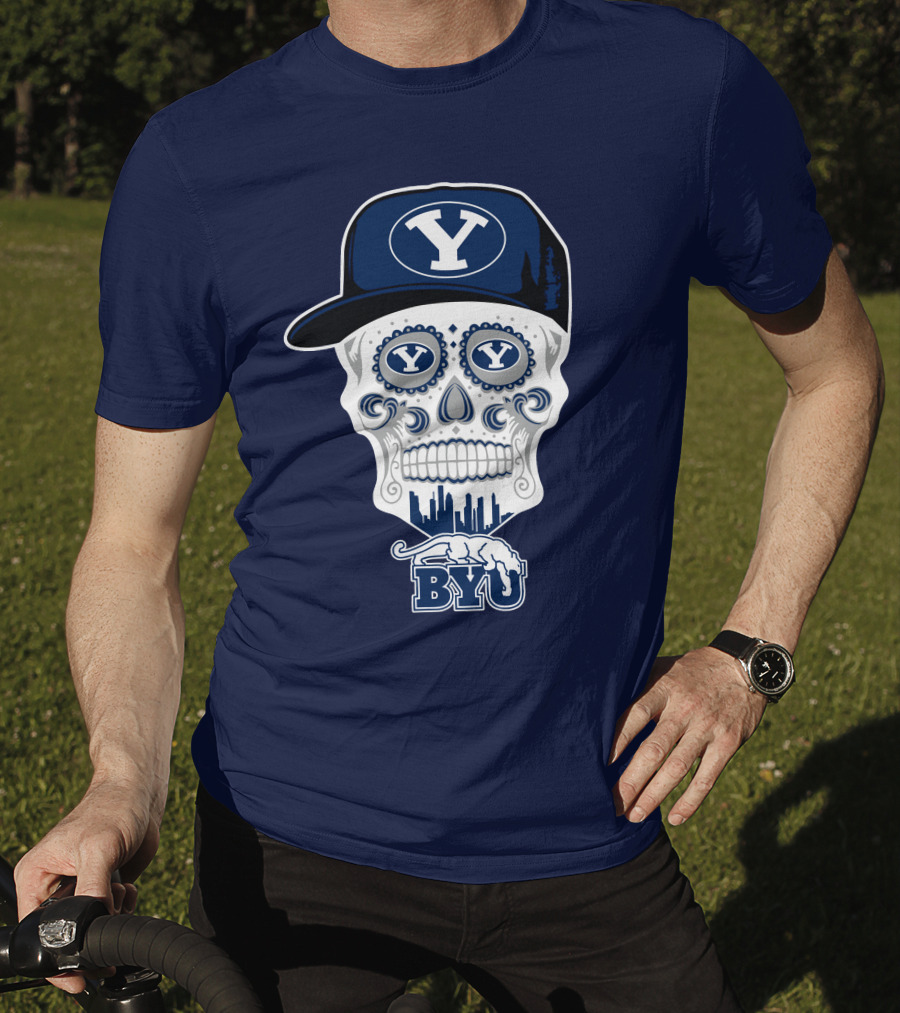 Byu Cougars Skull With Y Hat And Cityscape T-Shirt