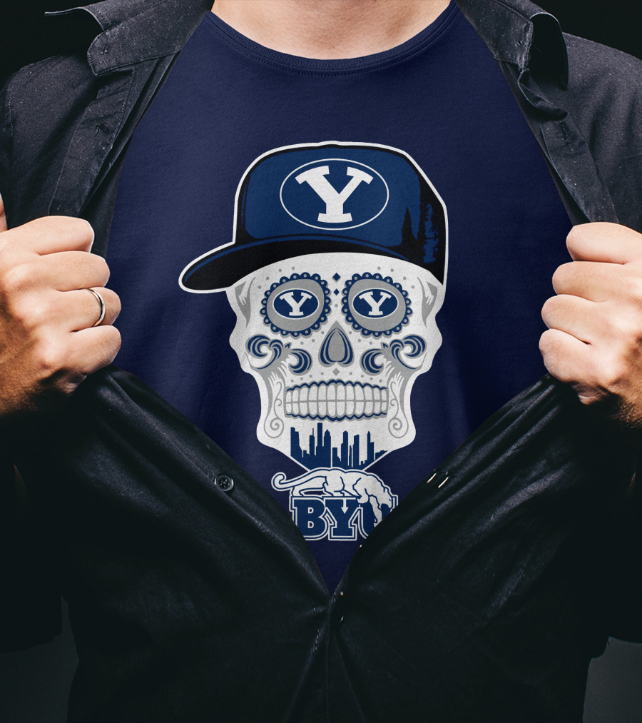 Byu Cougars Skull With Y Hat And Cityscape T-Shirt