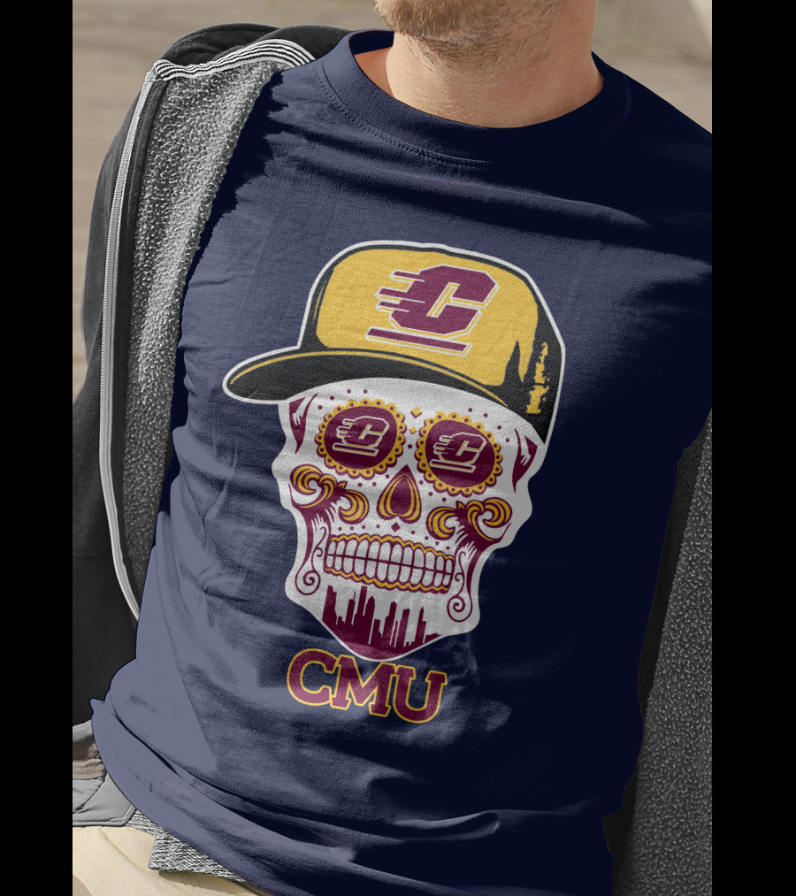 Cmu Central Michigan Chippewas Skull Logo With Cap And City Skyline T-Shirt