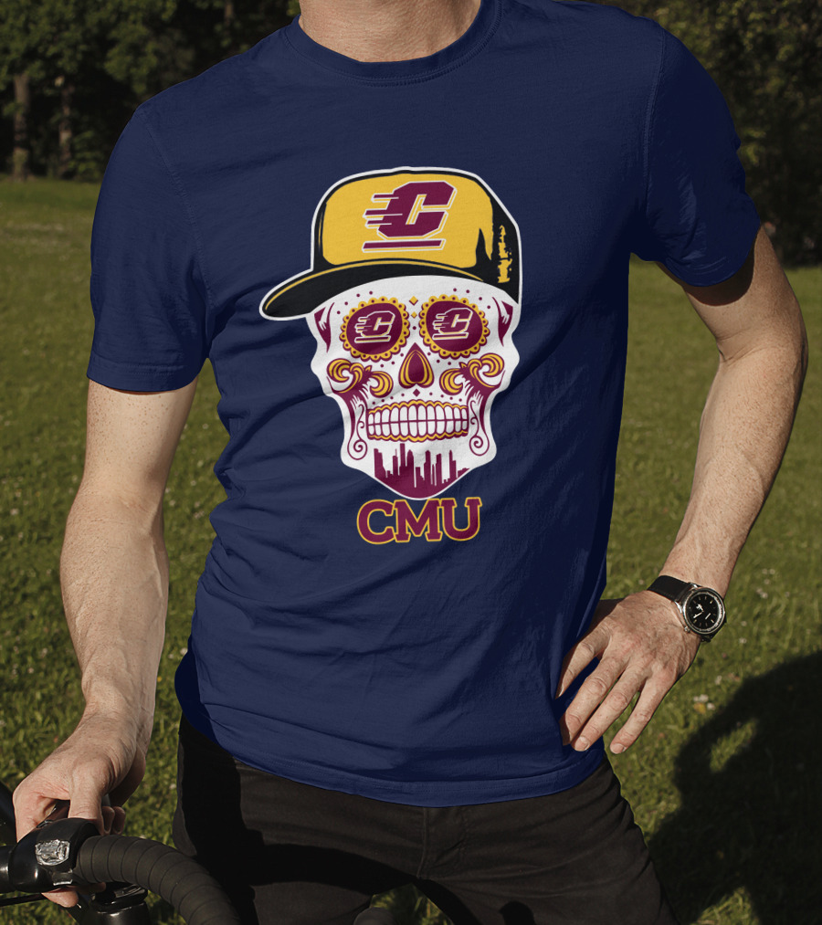 Cmu Central Michigan Chippewas Skull Logo With Cap And City Skyline T-Shirt