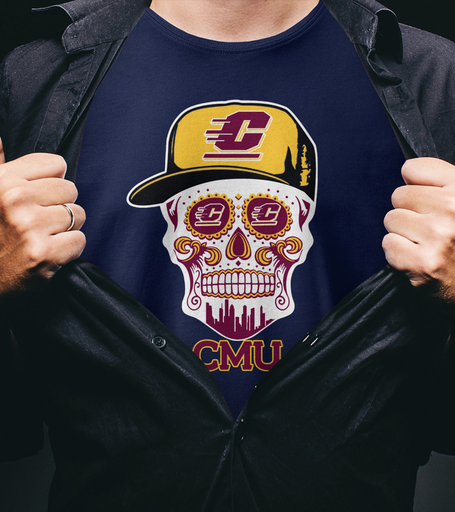 Cmu Central Michigan Chippewas Skull Logo With Cap And City Skyline T-Shirt