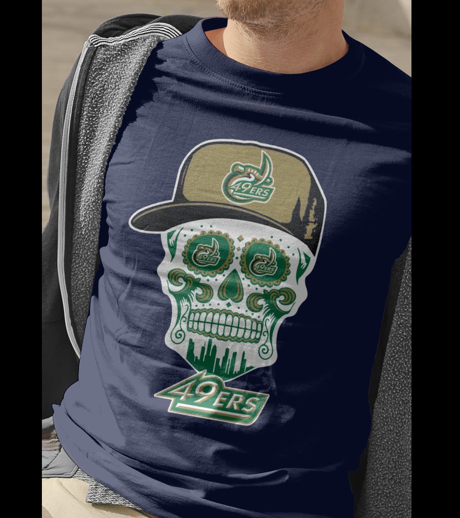Charlotte 49ers Sugar Skull Green And Gold Logo With Hat T-Shirt