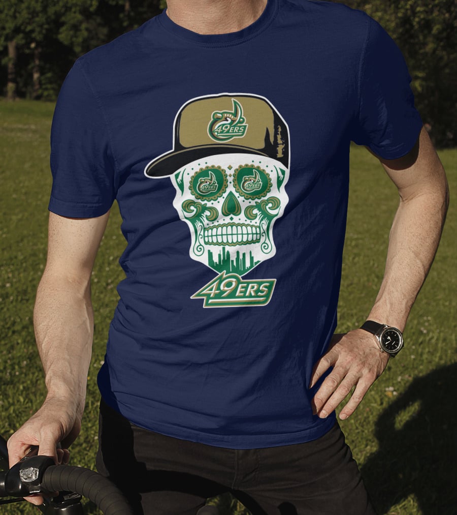 Charlotte 49ers Sugar Skull Green And Gold Logo With Hat T-Shirt