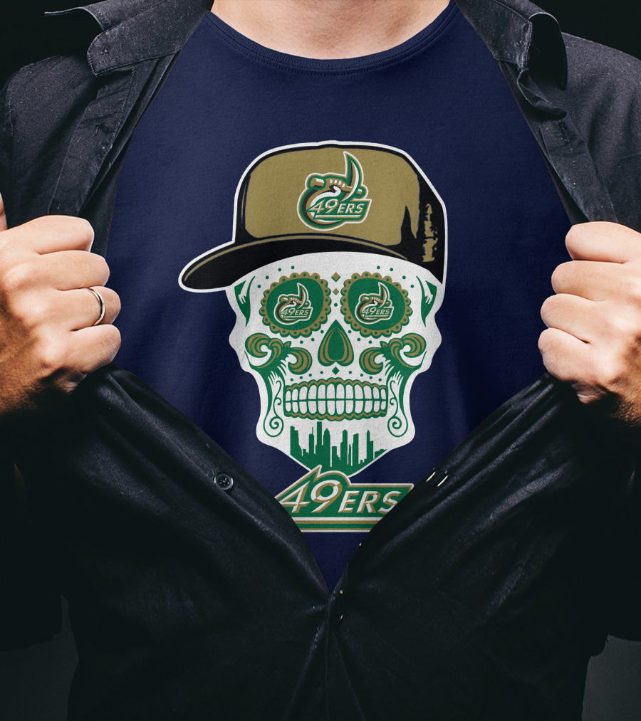Charlotte 49ers Sugar Skull Green And Gold Logo With Hat T-Shirt