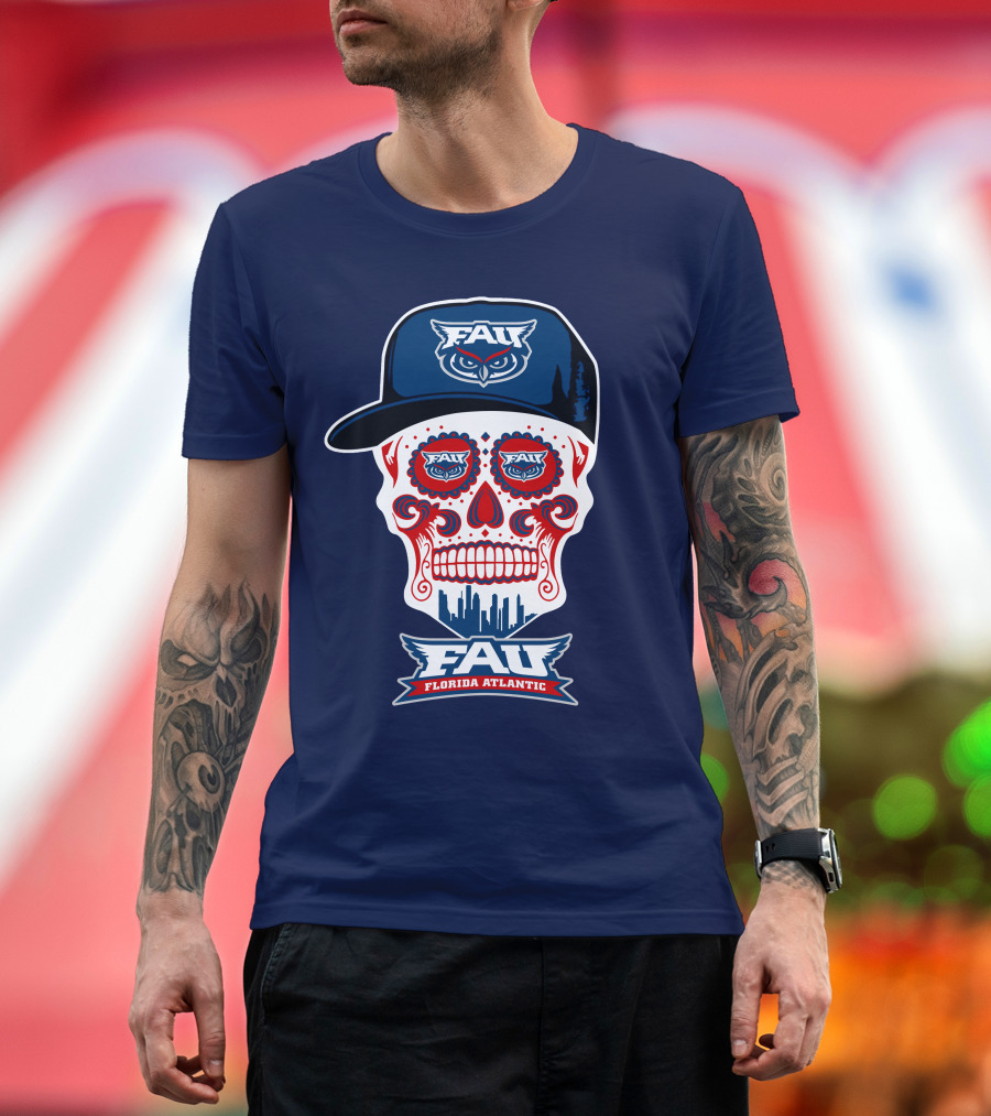 Fau Florida Atlantic Owls Sugar Skull With Cap T-Shirt
