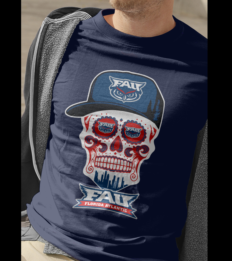 Fau Florida Atlantic Owls Sugar Skull With Cap T-Shirt