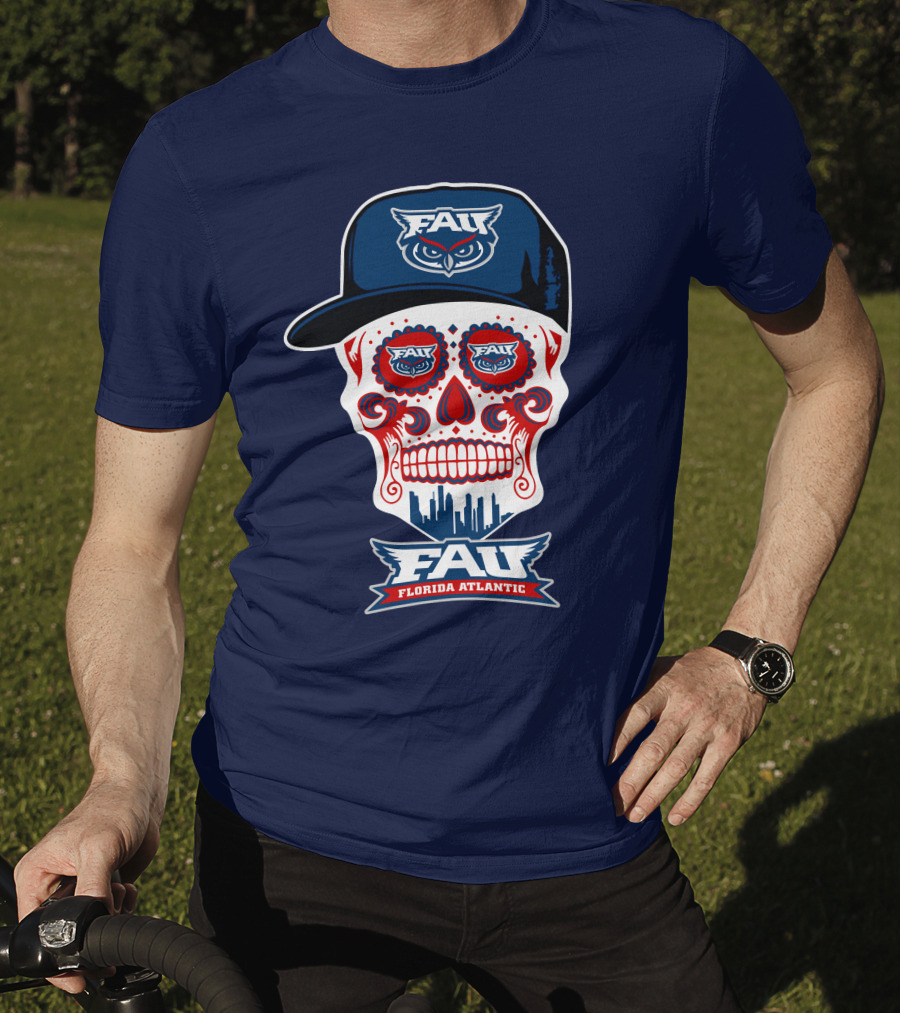 Fau Florida Atlantic Owls Sugar Skull With Cap T-Shirt