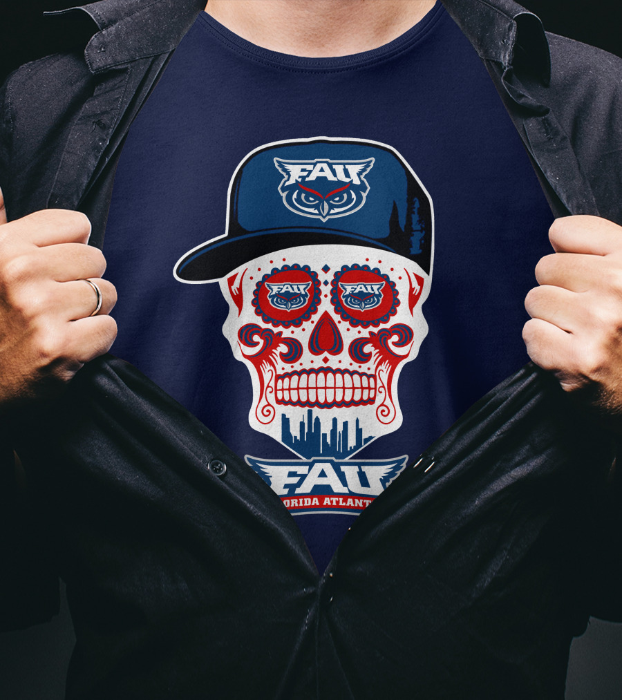 Fau Florida Atlantic Owls Sugar Skull With Cap T-Shirt
