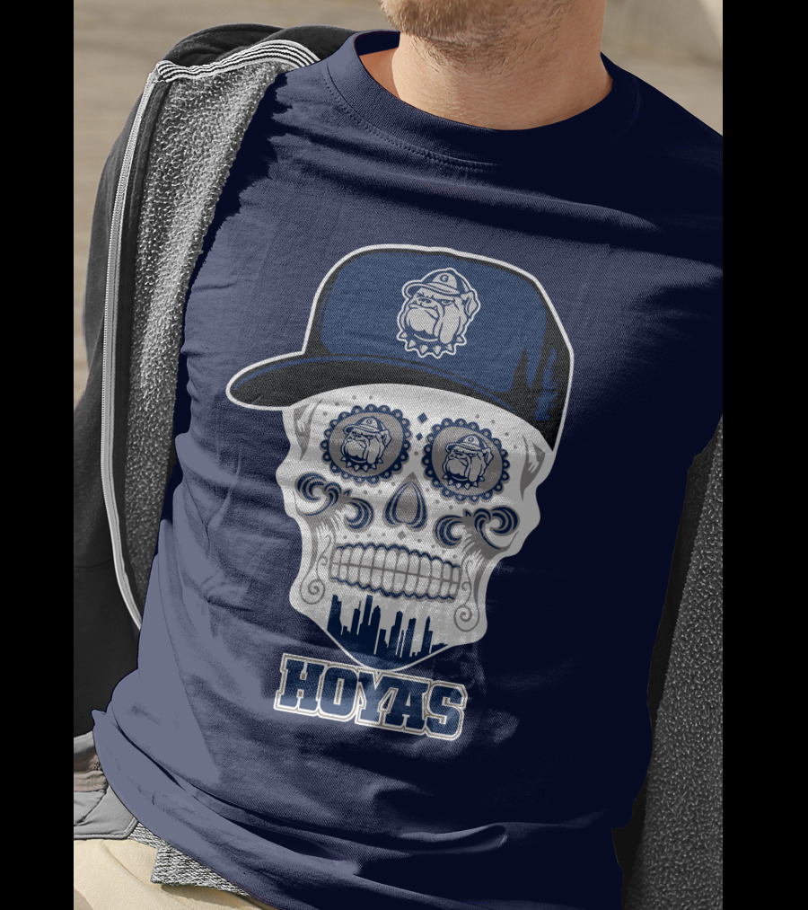 Georgetown Hoyas Skull With Bulldog Hat And Skyline T-Shirt