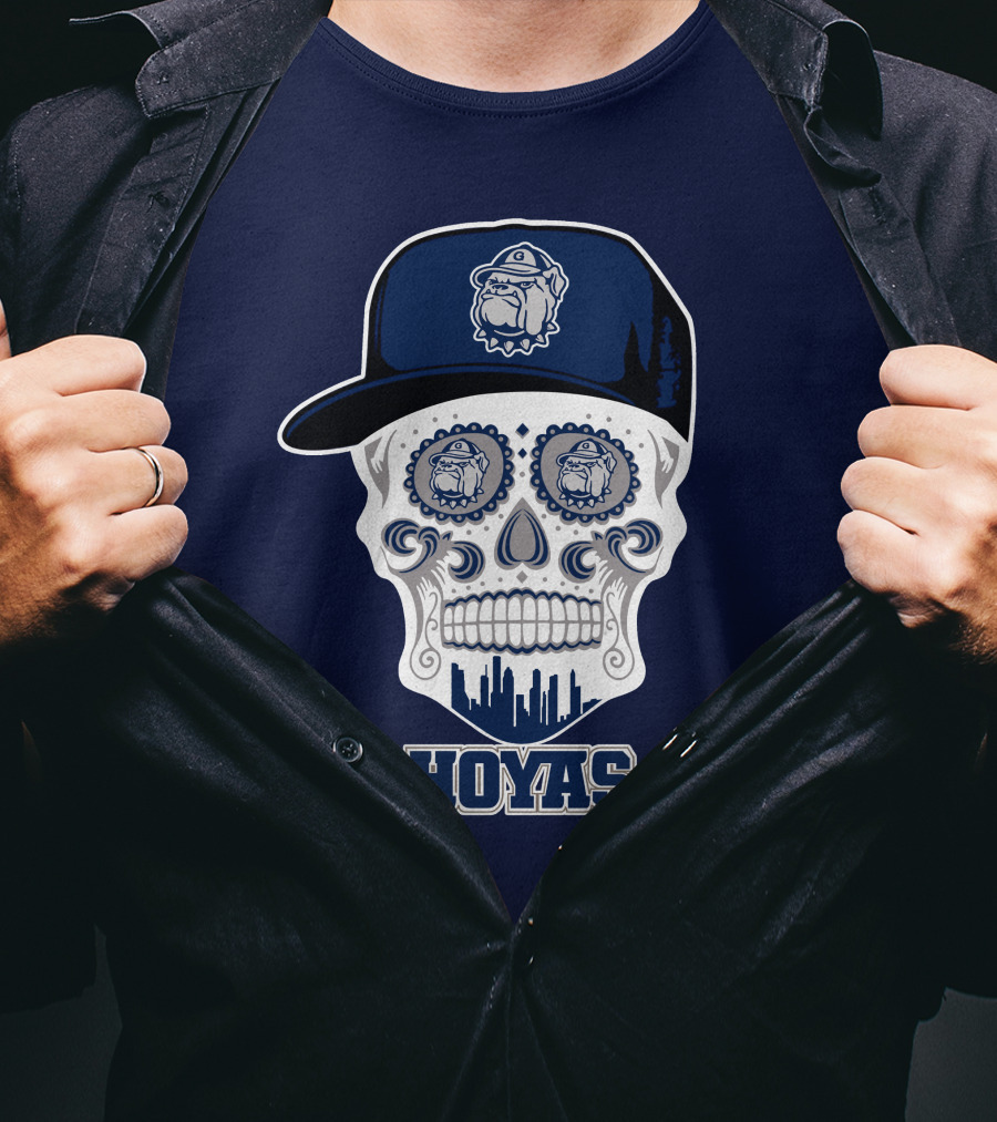 Georgetown Hoyas Skull With Bulldog Hat And Skyline T-Shirt
