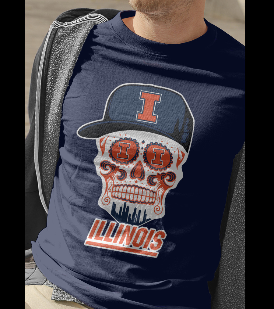 Illinois Fighting Illini Skull With Cap And Skyline T-Shirt