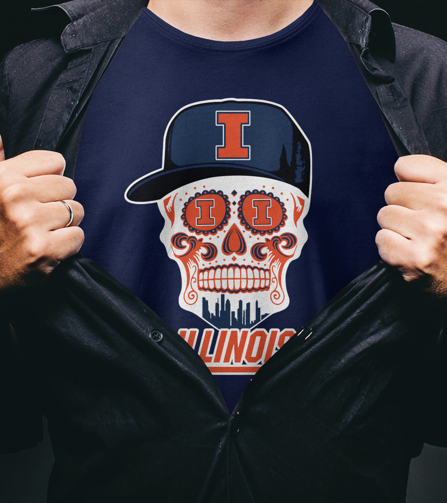 Illinois Fighting Illini Skull With Cap And Skyline T-Shirt