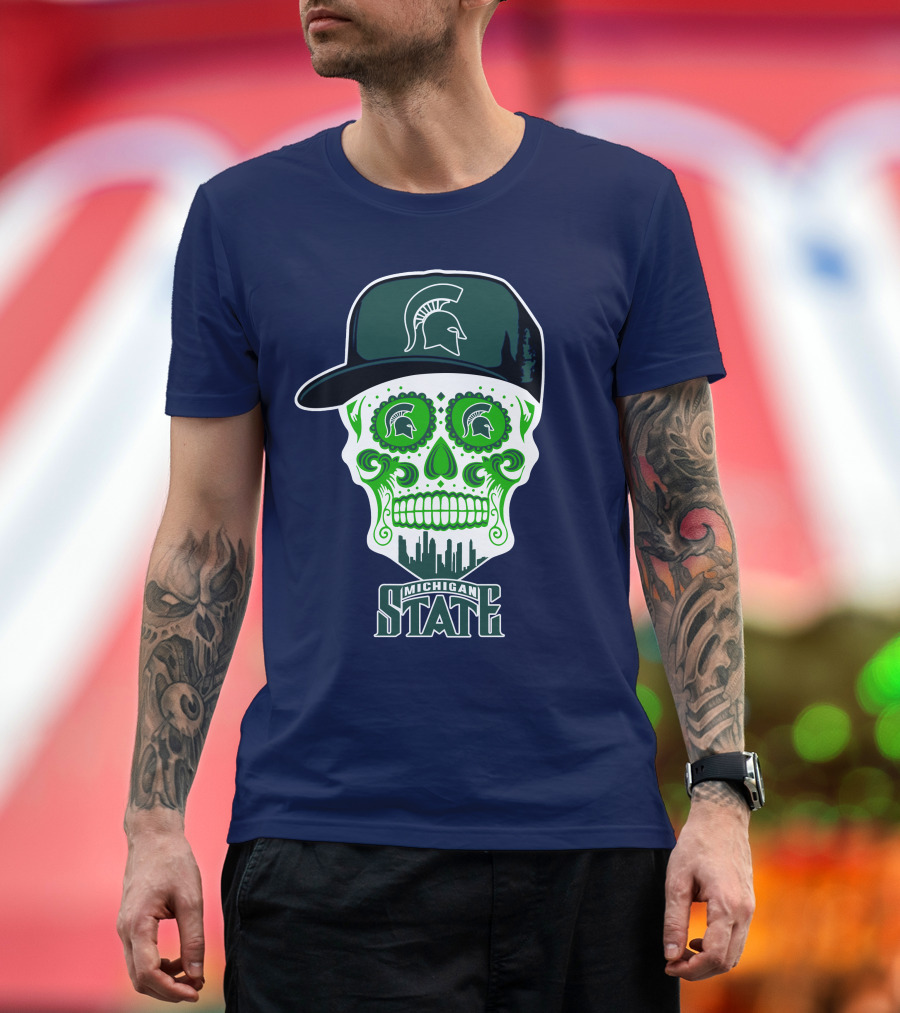 Michigan State Spartans Sugar Skull With Spartan Helmet Icon And City Skyline T-Shirt