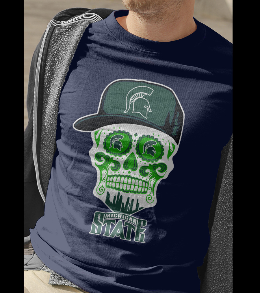 Michigan State Spartans Sugar Skull With Spartan Helmet Icon And City Skyline T-Shirt