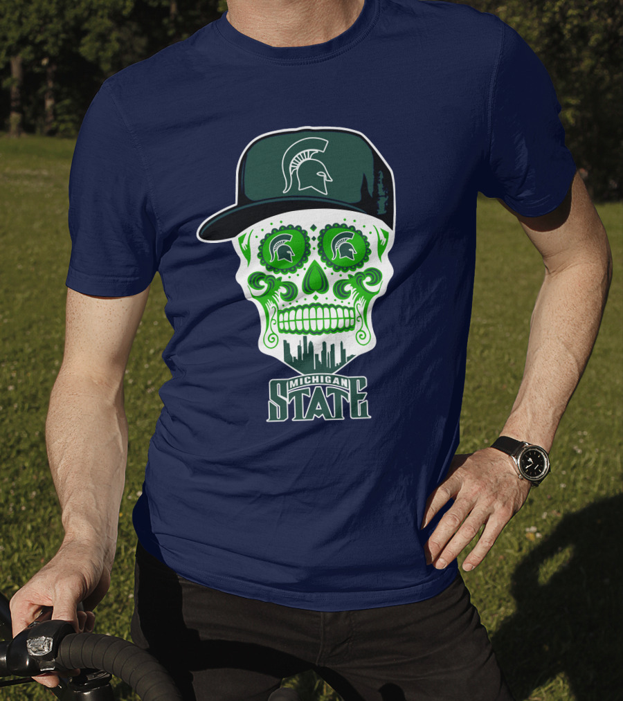 Michigan State Spartans Sugar Skull With Spartan Helmet Icon And City Skyline T-Shirt