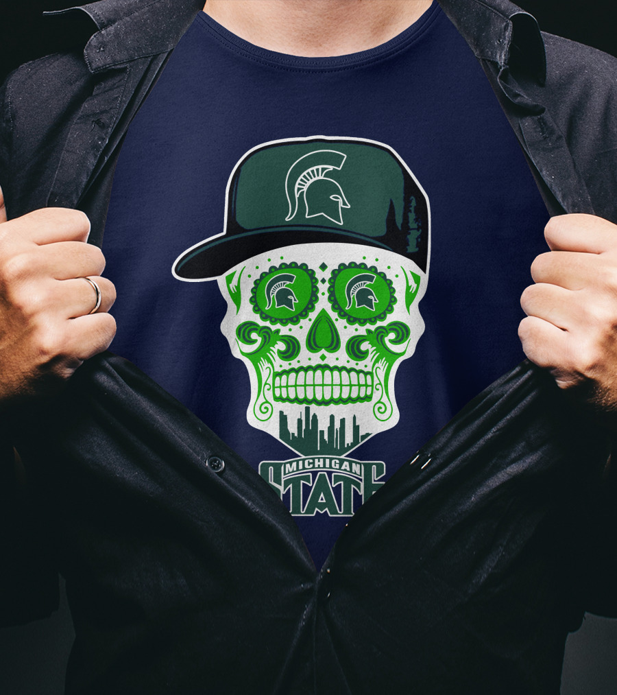 Michigan State Spartans Sugar Skull With Spartan Helmet Icon And City Skyline T-Shirt