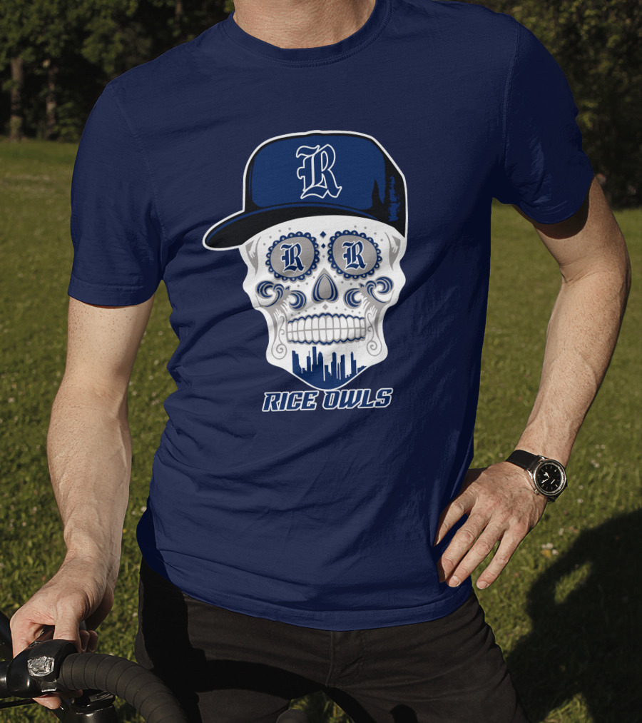 Rice Owls Skull With Cap And City Skyline T-Shirt