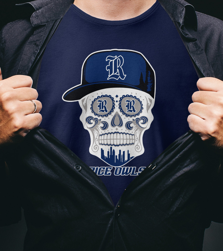 Rice Owls Skull With Cap And City Skyline T-Shirt