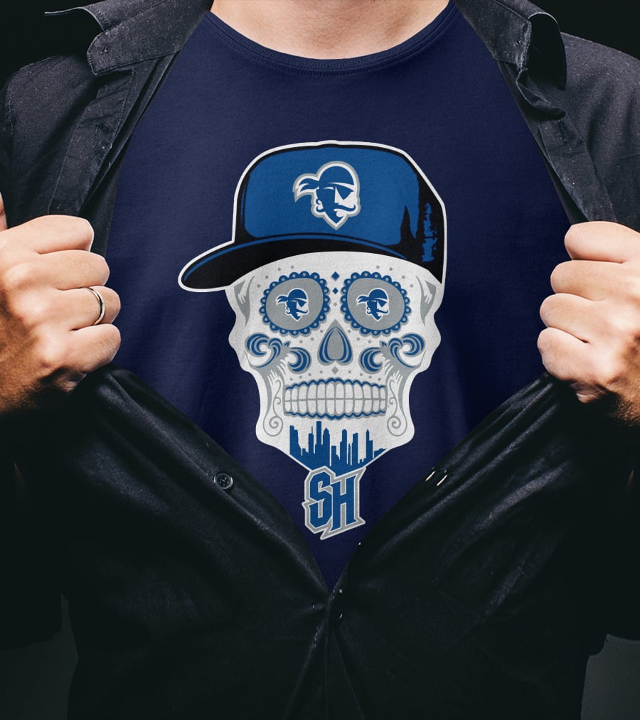 Seton Hall Pirates Sugar Skull Design With Pirate Cap And Sh T-Shirt