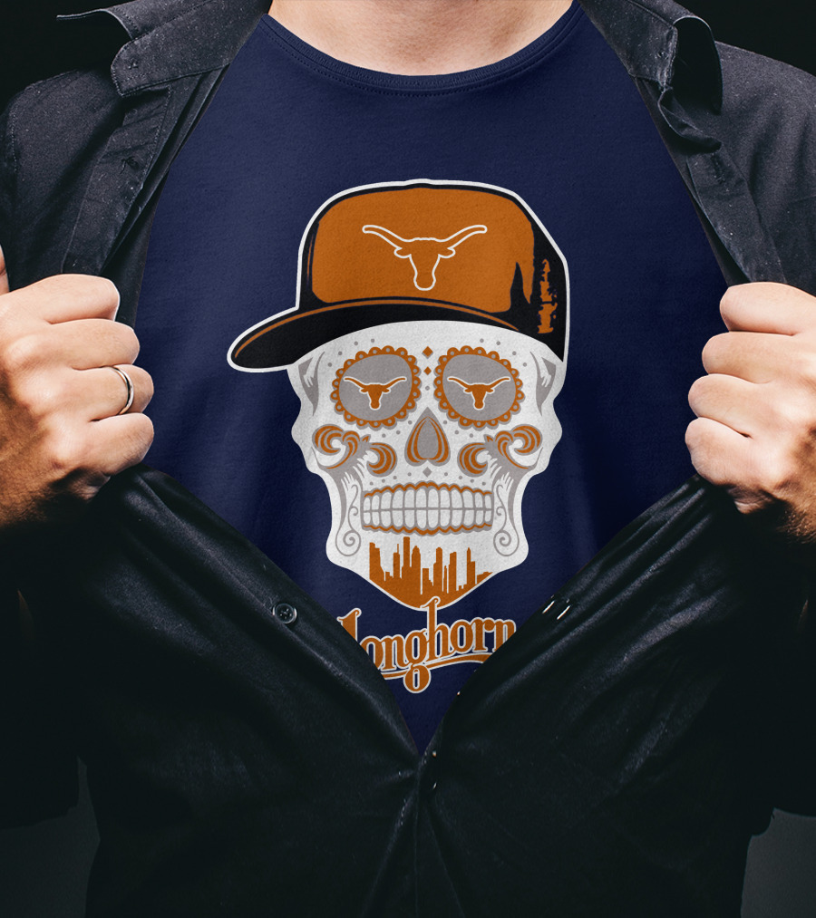 Longhorns Skull With Texas Longhorns Cap And Austin Skyline T-Shirt