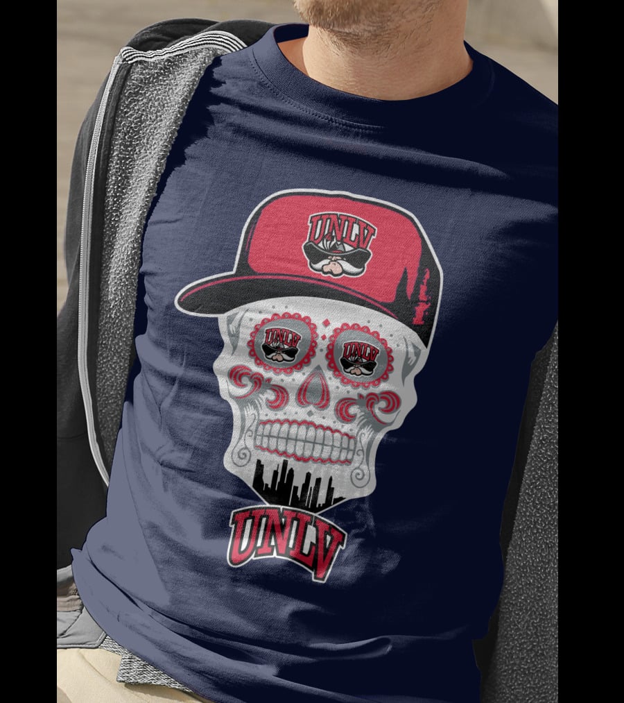 Unlv Rebels Skull With Cap Design Featuring Mascot Logo And Skyline T-Shirt