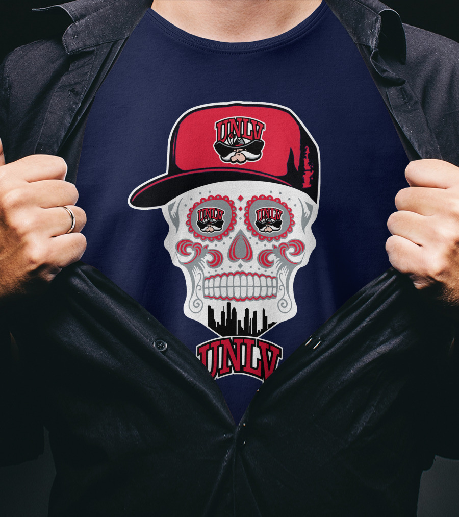 Unlv Rebels Skull With Cap Design Featuring Mascot Logo And Skyline T-Shirt