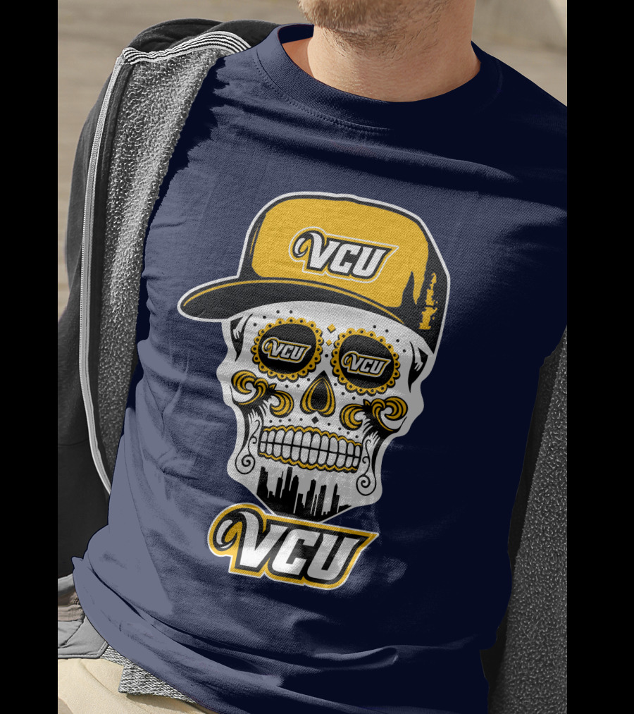 Vcu Rams Dia De Los Muertos Skull With Iconic Cap And Skyline T-Shirt