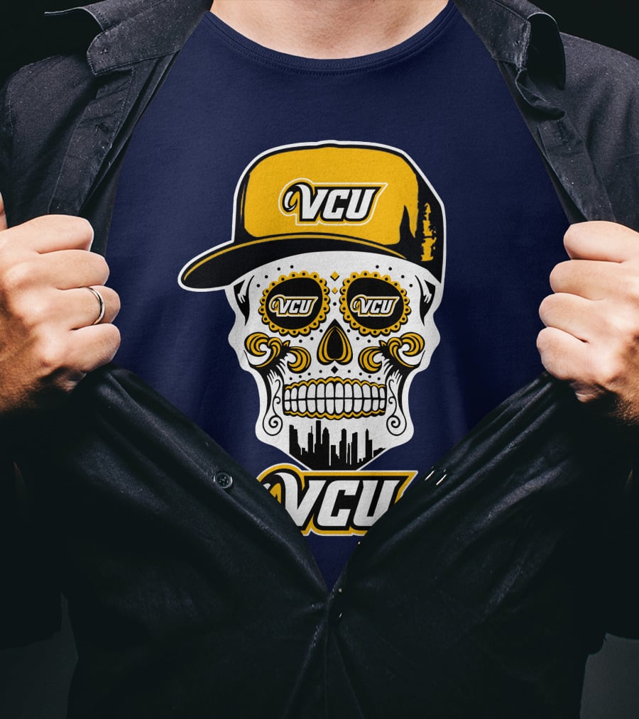 Vcu Rams Dia De Los Muertos Skull With Iconic Cap And Skyline T-Shirt
