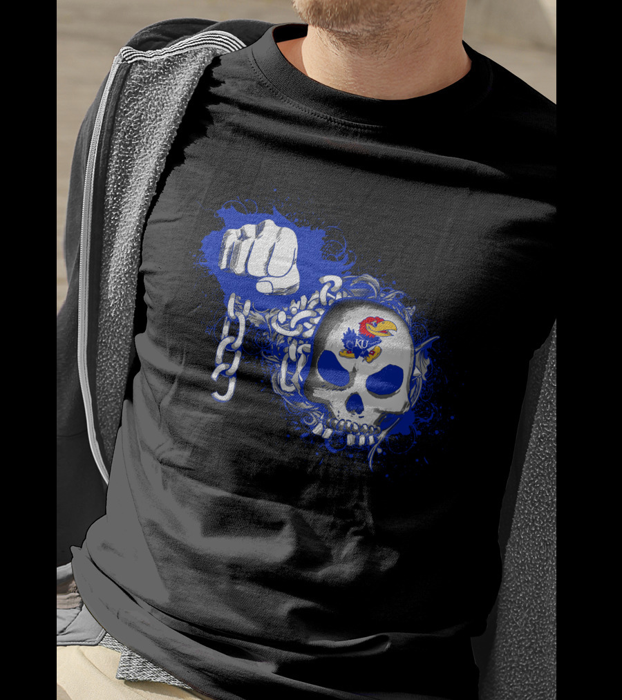 Kansas Jayhawks Skull With Chains And Bold Fist T-Shirt