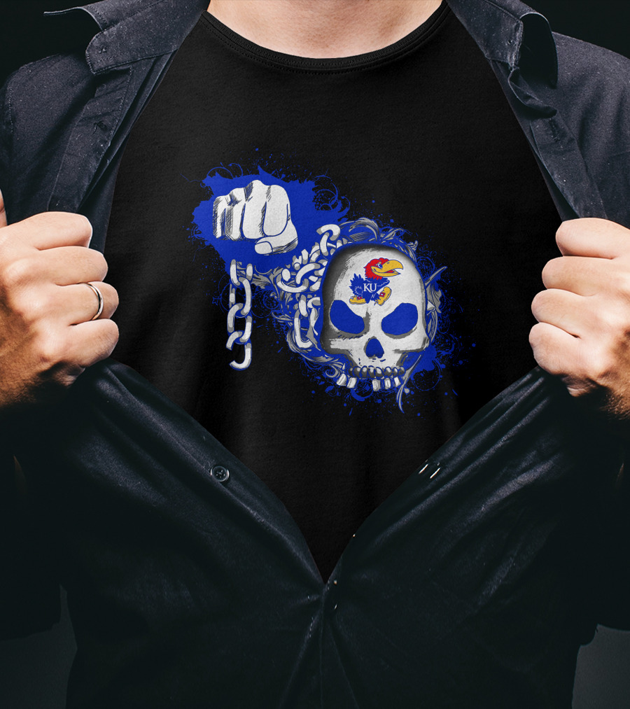 Kansas Jayhawks Skull With Chains And Bold Fist T-Shirt