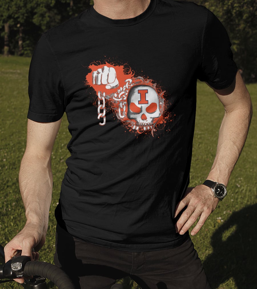 Illinois Fighting Illini Skull And Fist Design With Orange I T-Shirt