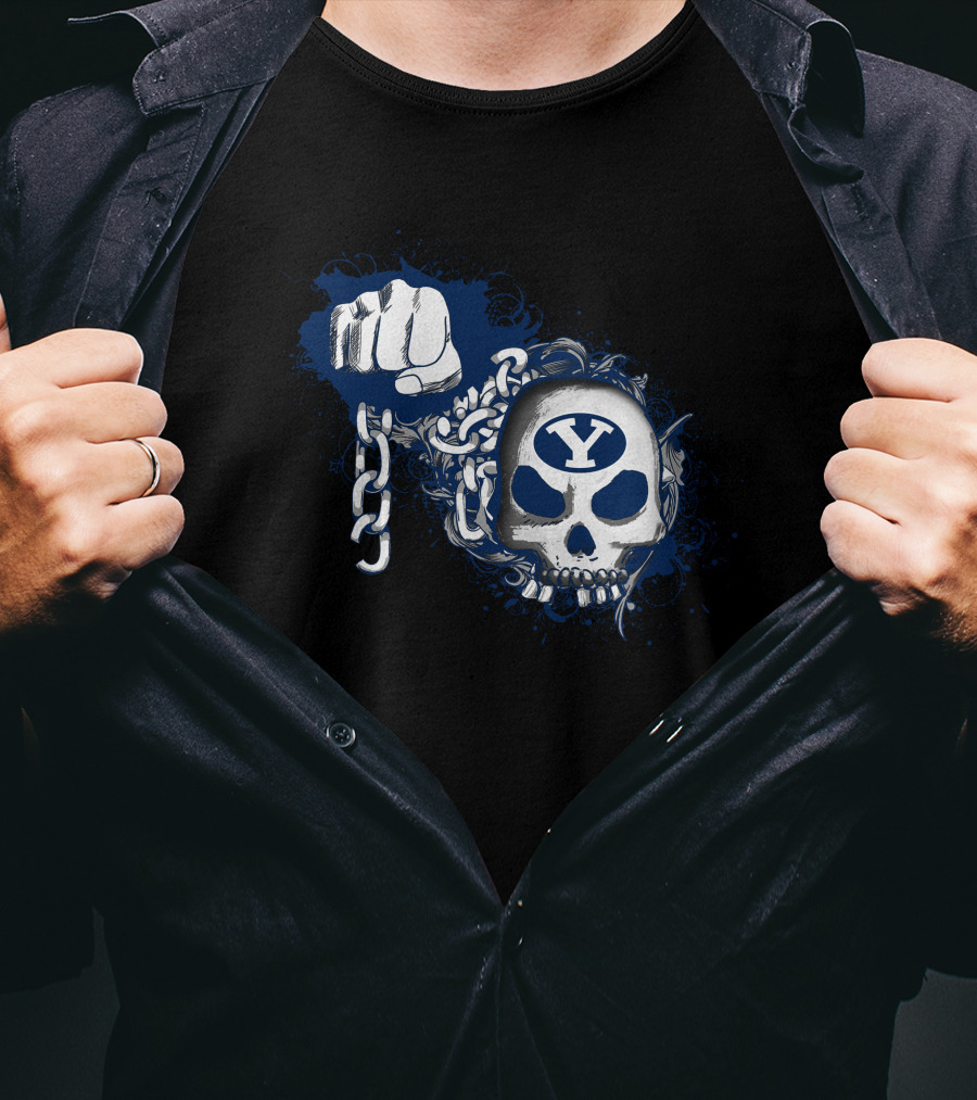 Byu Cougars Skull And Chain With Fist And Blue Accents T-Shirt