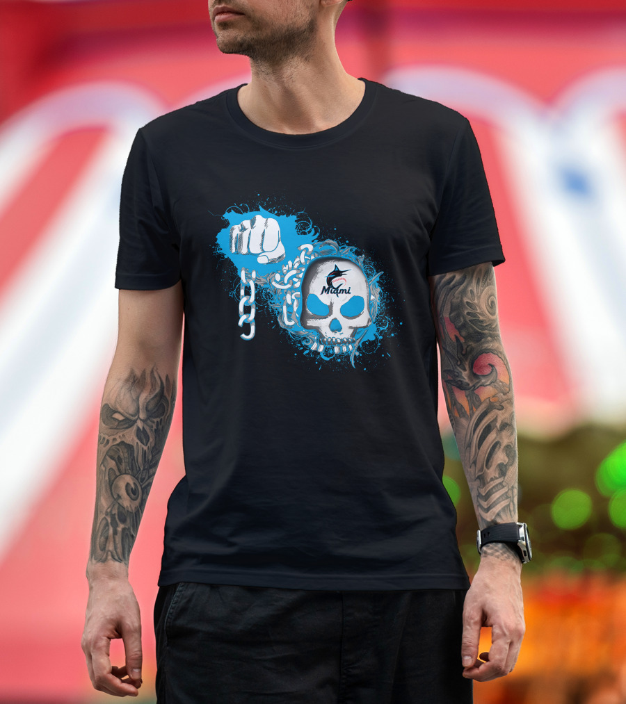 Miami Marlins Skull And Fist With Chain T-Shirt