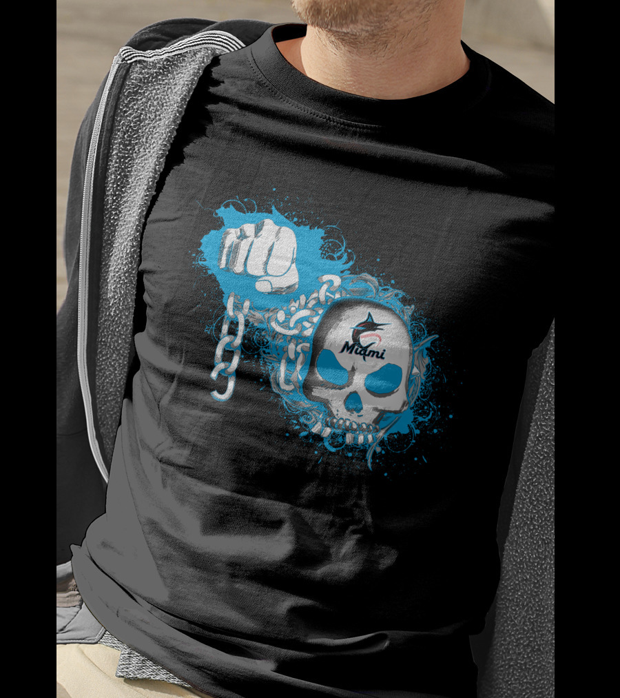 Miami Marlins Skull And Fist With Chain T-Shirt