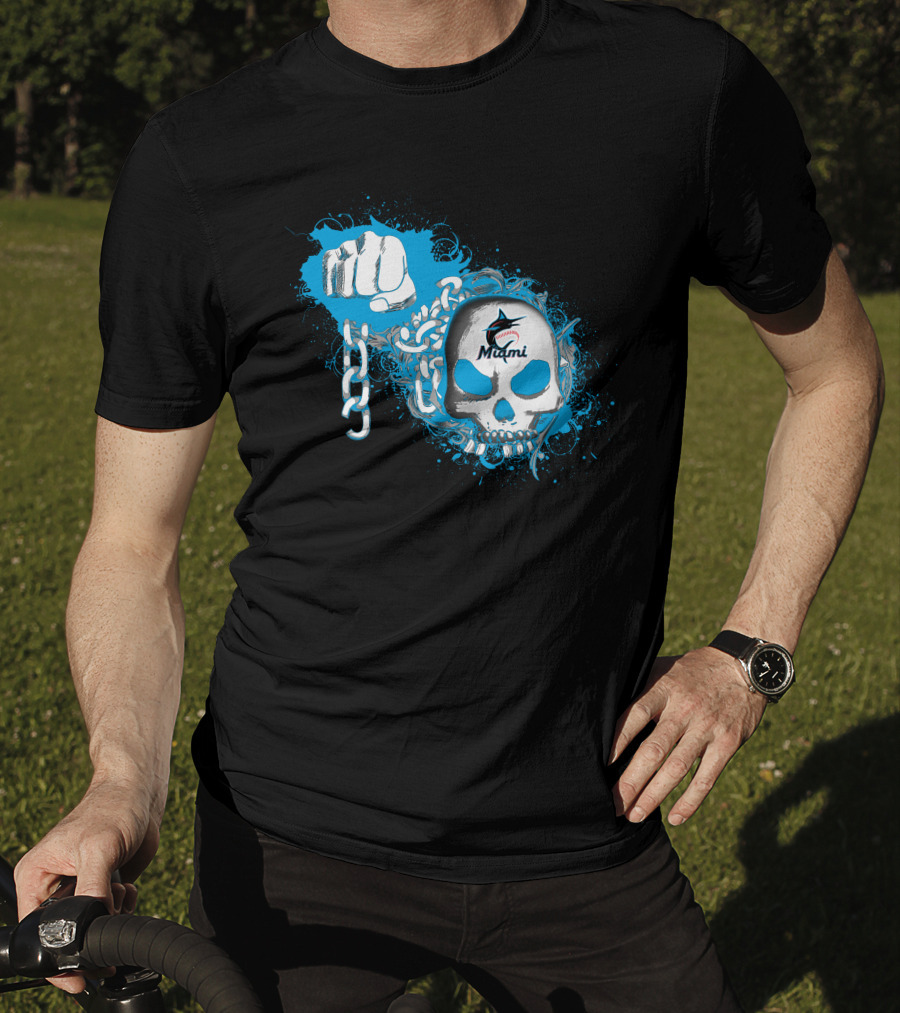 Miami Marlins Skull And Fist With Chain T-Shirt