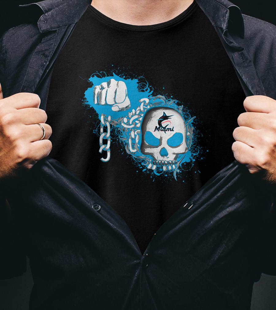 Miami Marlins Skull And Fist With Chain T-Shirt