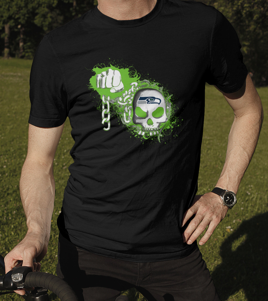 Seattle Seahawks Skull With Green Splatter And Chain Fist T-Shirt