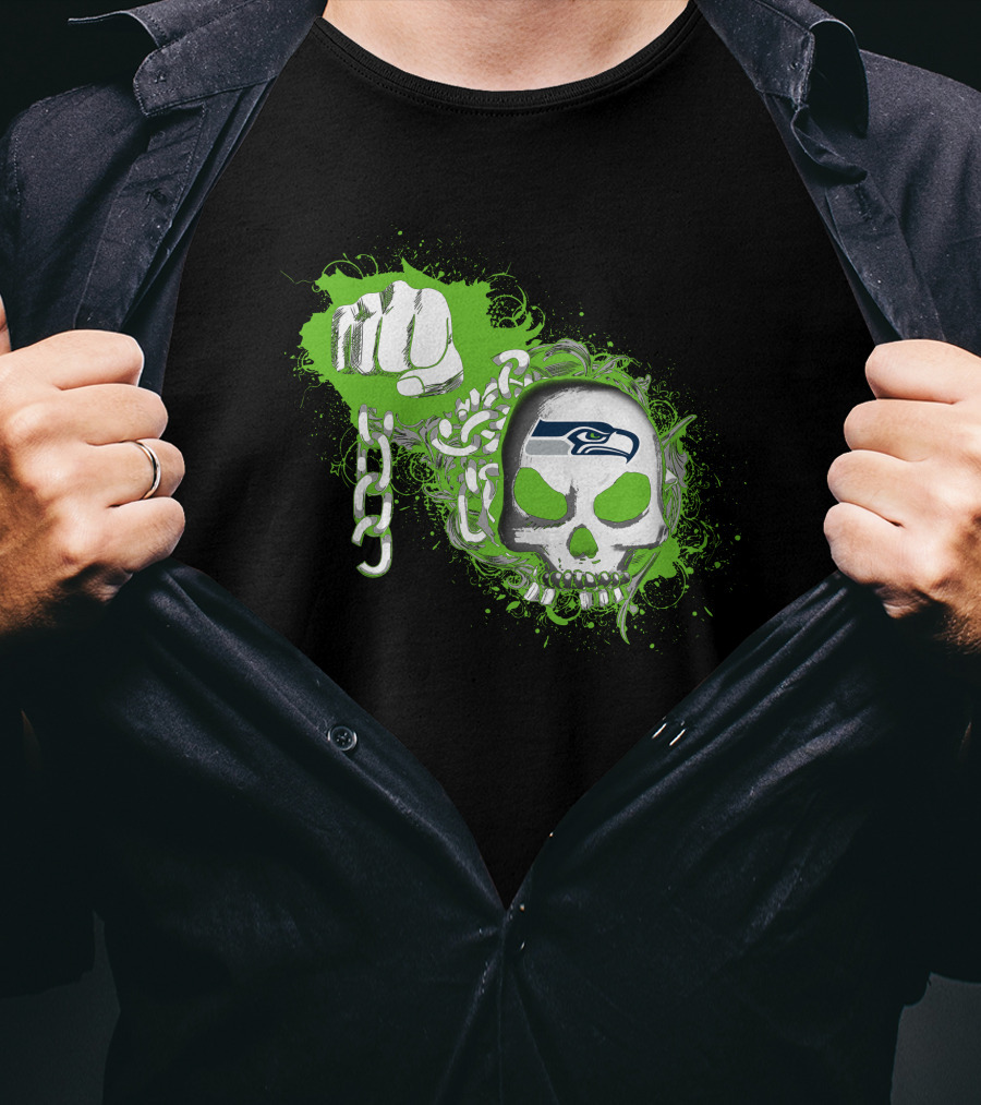 Seattle Seahawks Skull With Green Splatter And Chain Fist T-Shirt
