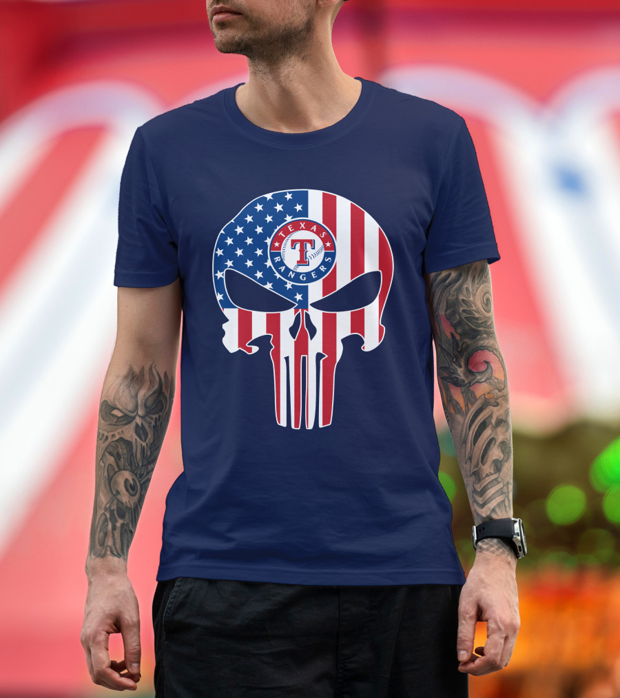 Texas Rangers Punisher Skull American Flag T-Shirt