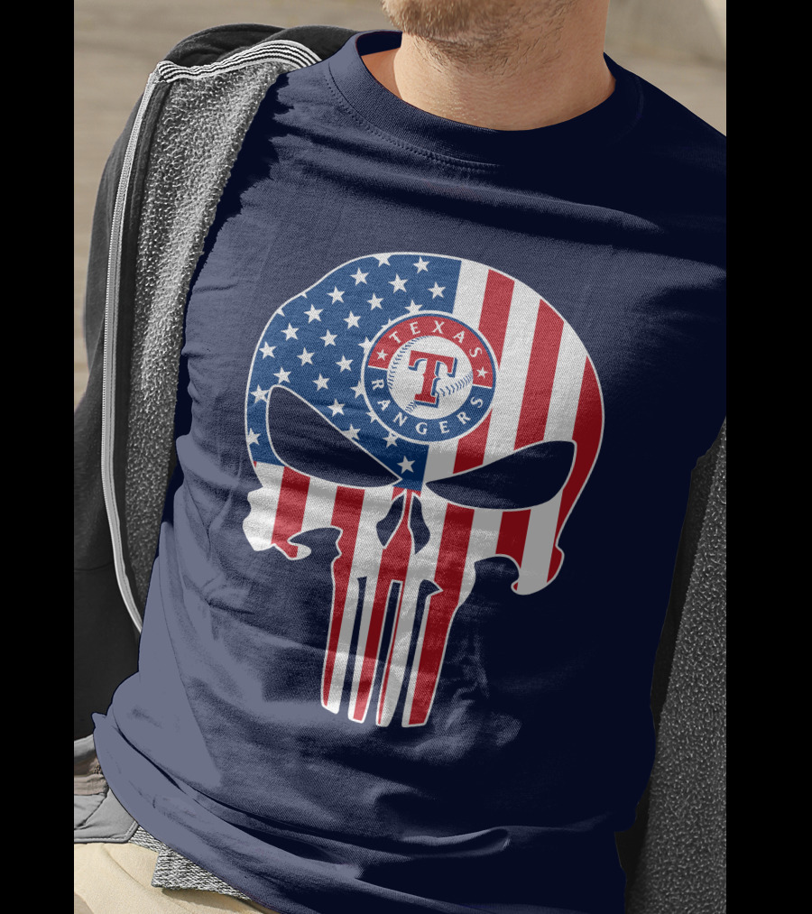 Texas Rangers Punisher Skull American Flag T-Shirt