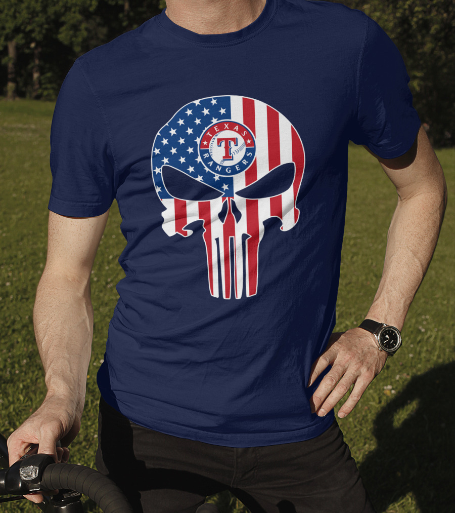 Texas Rangers Punisher Skull American Flag T-Shirt