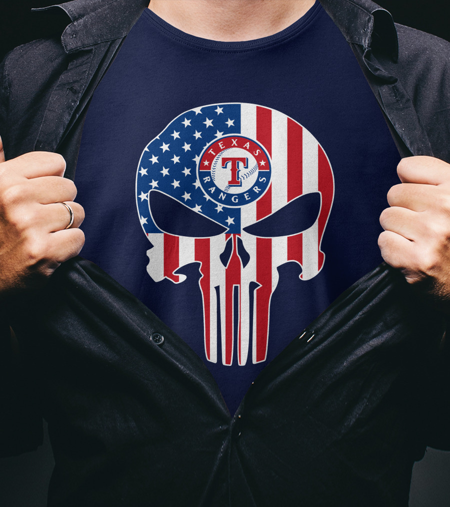 Texas Rangers Punisher Skull American Flag T-Shirt