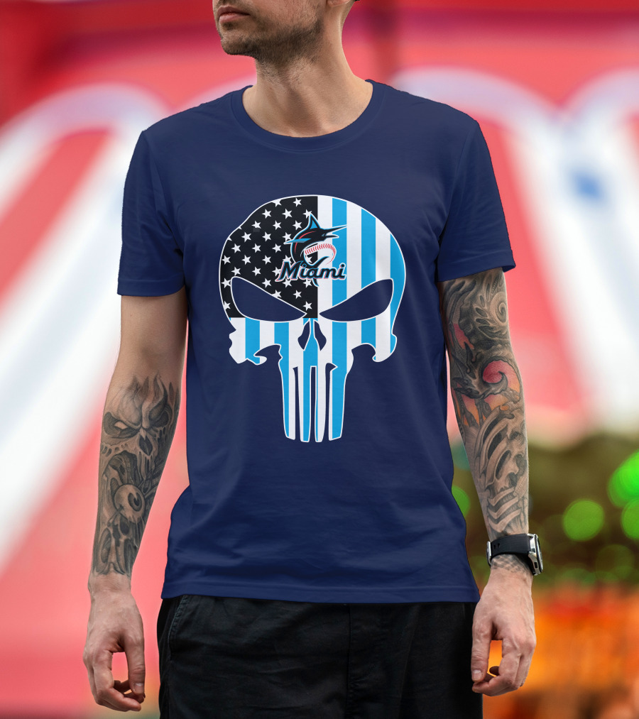 Miami Marlins Punisher Skull American Flag Fusion T-Shirt