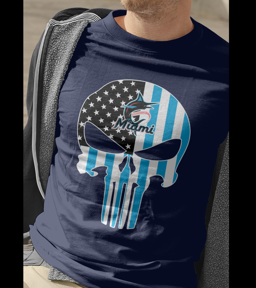 Miami Marlins Punisher Skull American Flag Fusion T-Shirt