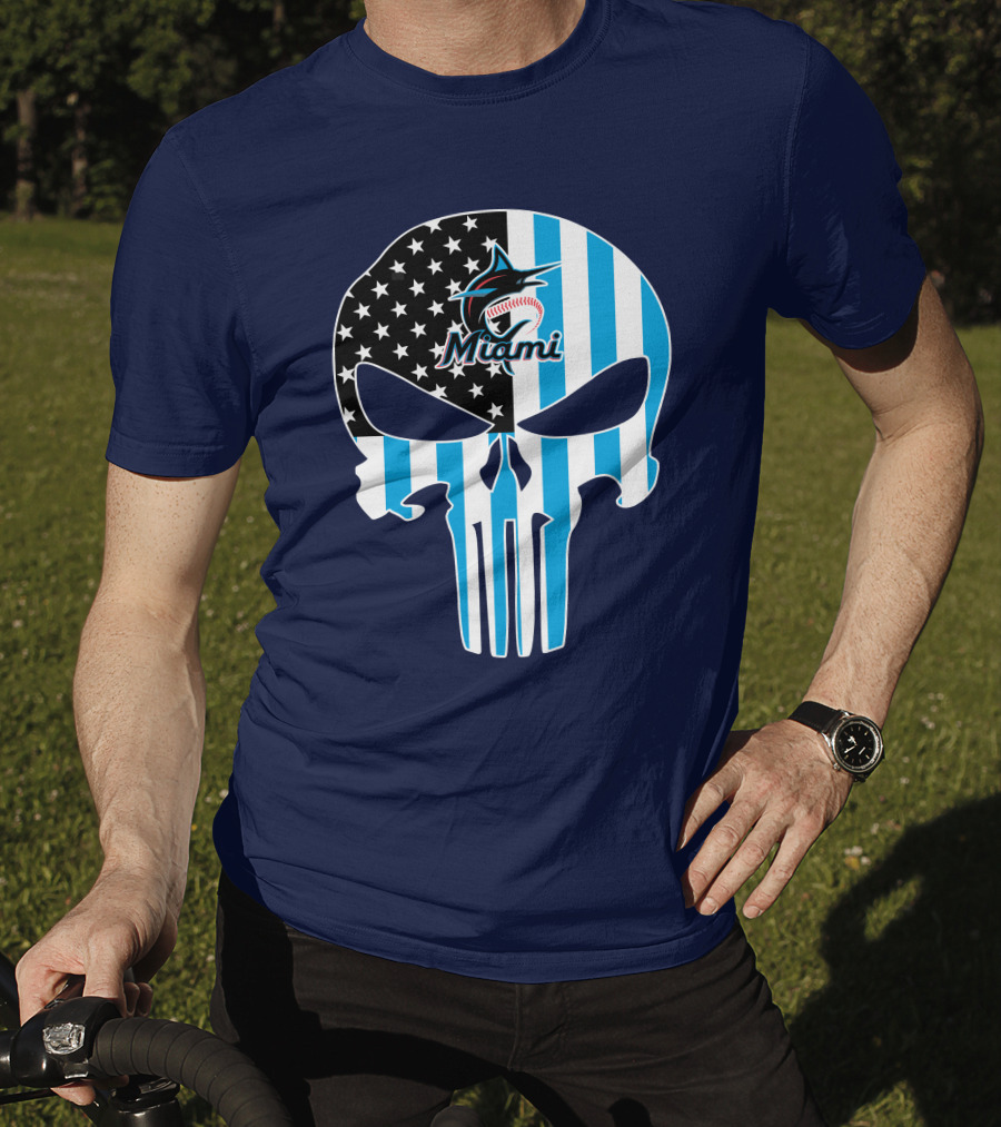 Miami Marlins Punisher Skull American Flag Fusion T-Shirt