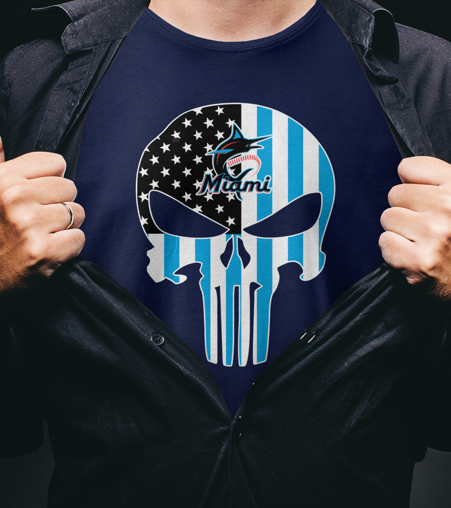 Miami Marlins Punisher Skull American Flag Fusion T-Shirt
