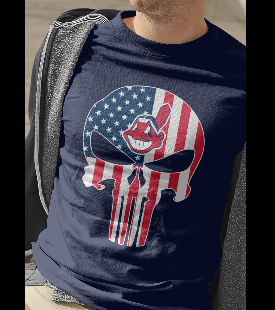 Indians The Punisher Skull American Flag Red White Blue T-Shirt