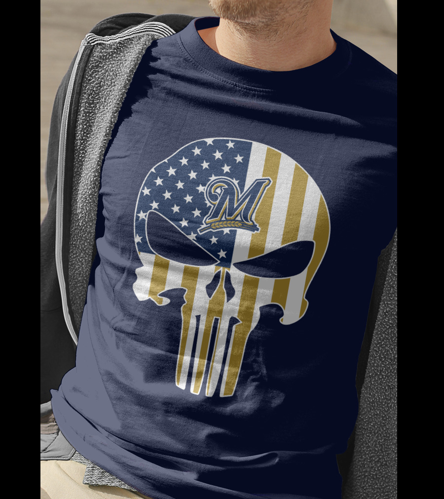 Milwaukee Brewers Punisher Skull American Flag T-Shirt