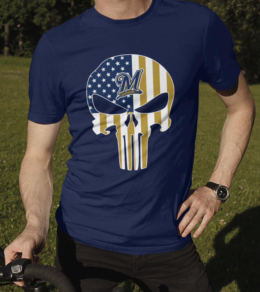 Milwaukee Brewers Punisher Skull American Flag T-Shirt
